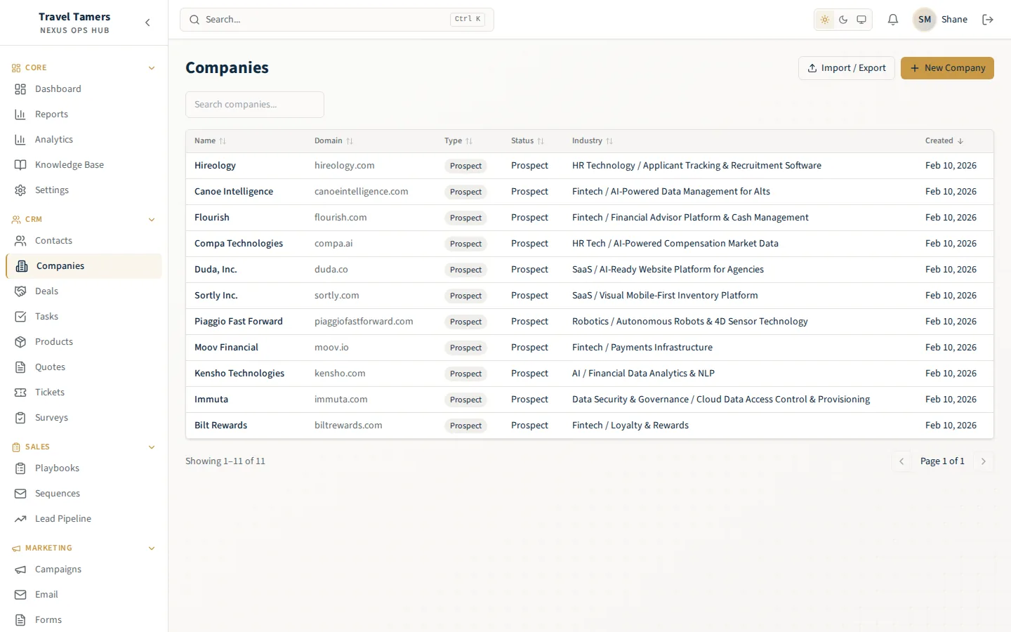 Nexus CRM companies list with filters and tagging