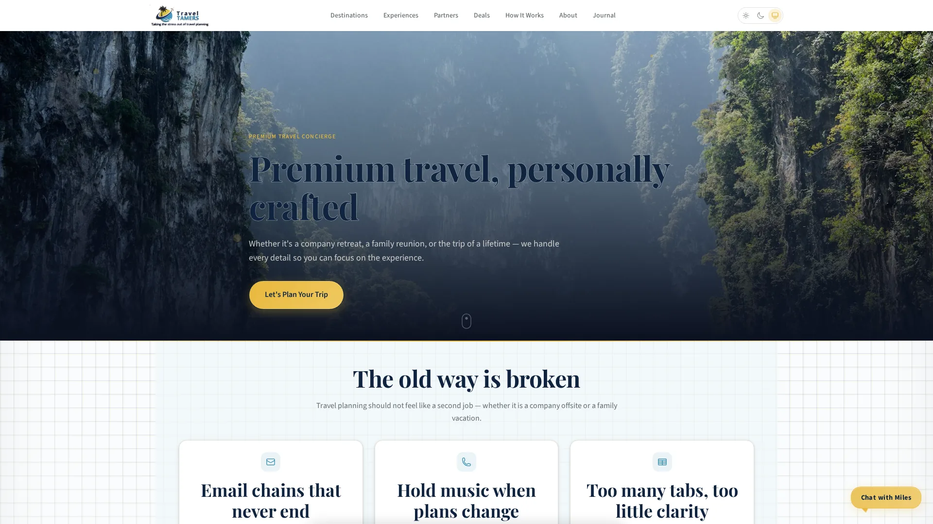 TravelTamers homepage hero — booking funnel and AI concierge