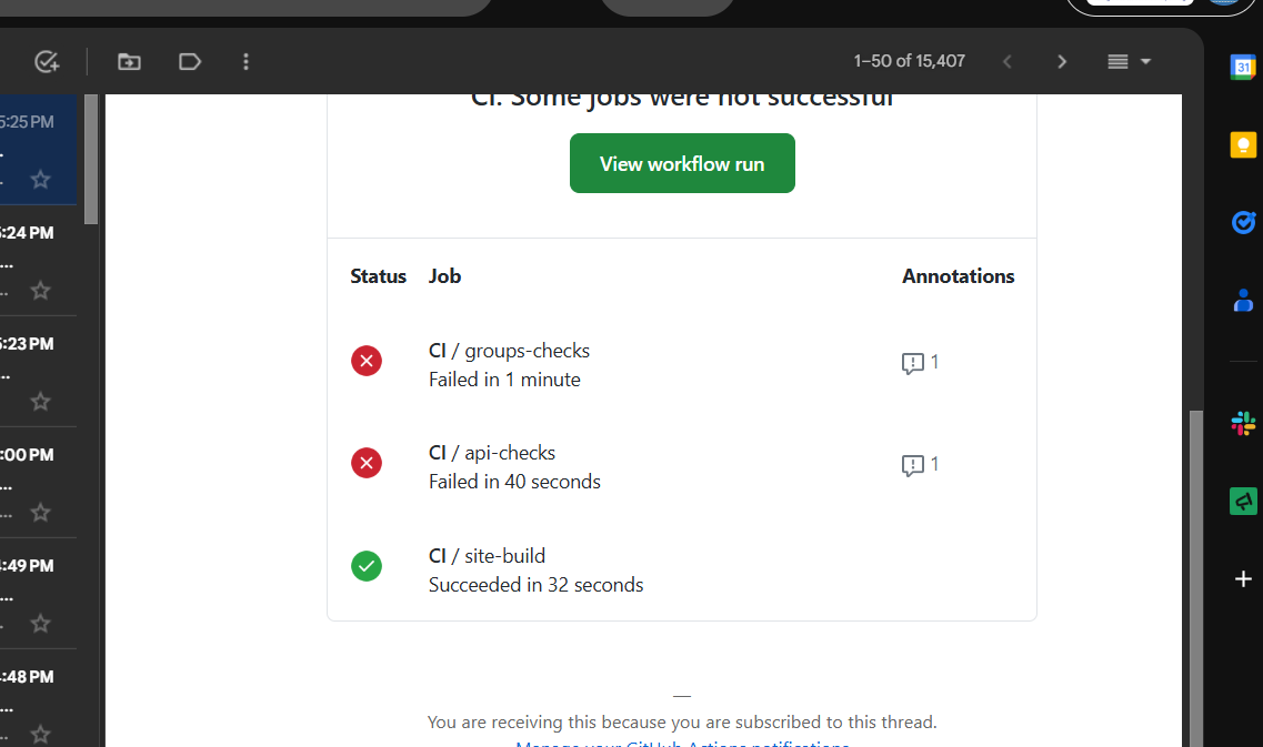 GitHub Actions CI email showing groups-checks and api-checks failed but site-build succeeded