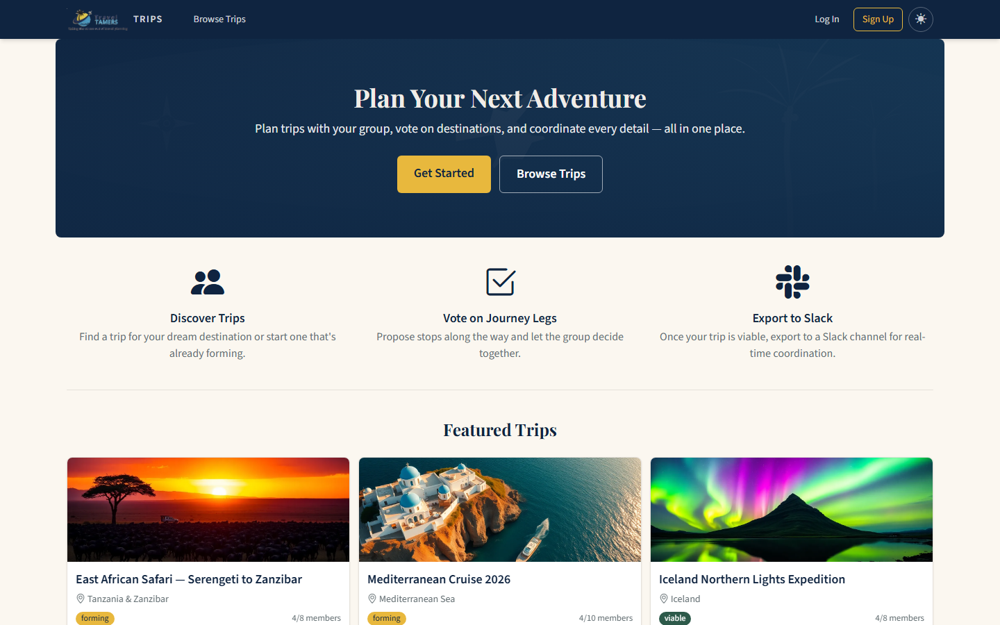 Groups app landing page showing Plan Your Next Adventure with featured trip cards
