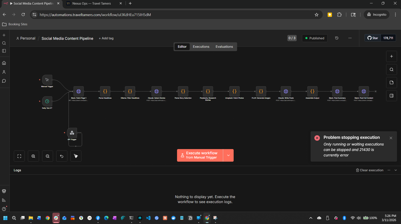 n8n workflow editor showing Social Media Content Pipeline with connected nodes