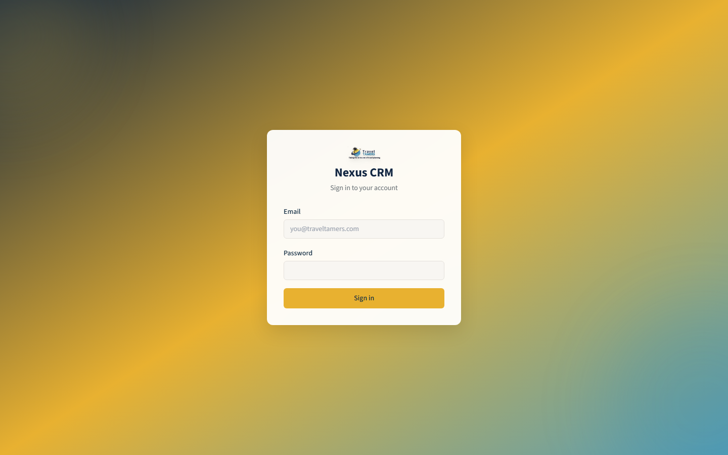 Nexus CRM login page with gold gradient background and email password form