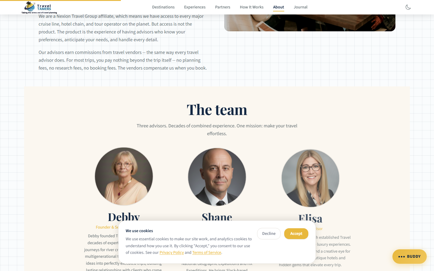 About page showing team section with Debby Shane and Elisa advisor photos