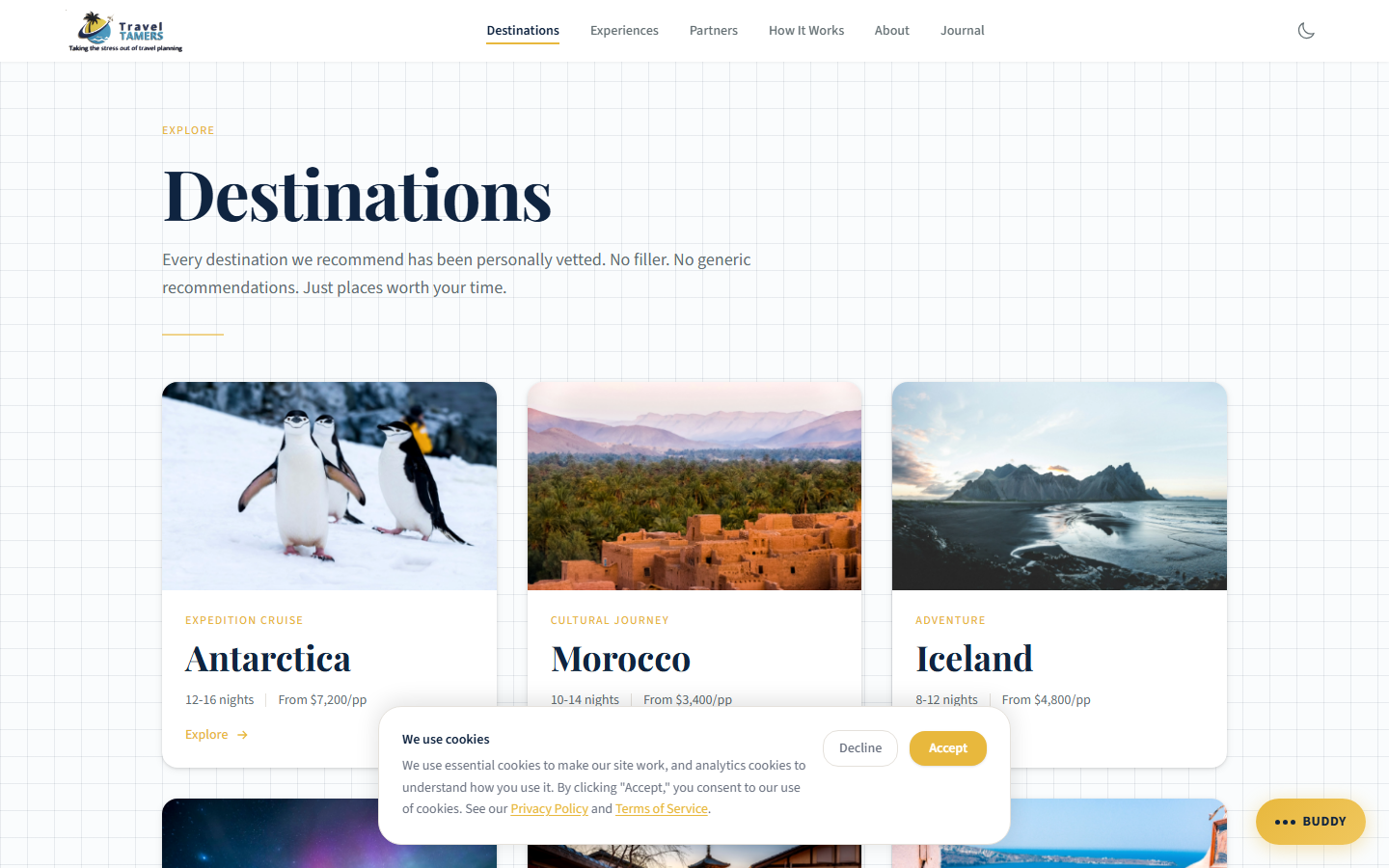 Destinations page showing Antarctica, Morocco, and Iceland cards with photos