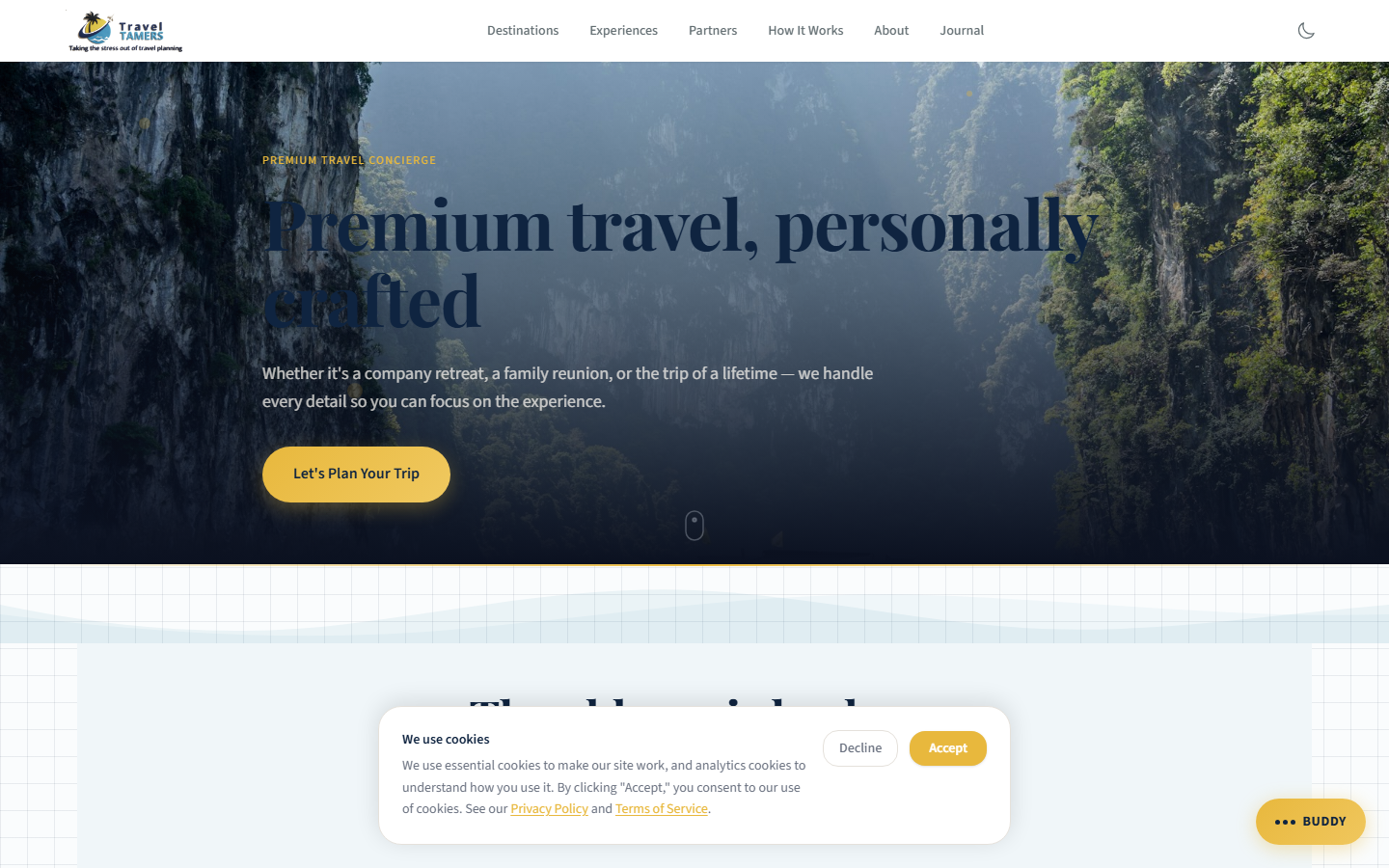 Homepage showing Dark Sanctuary design with navy background gold accents and mountain hero