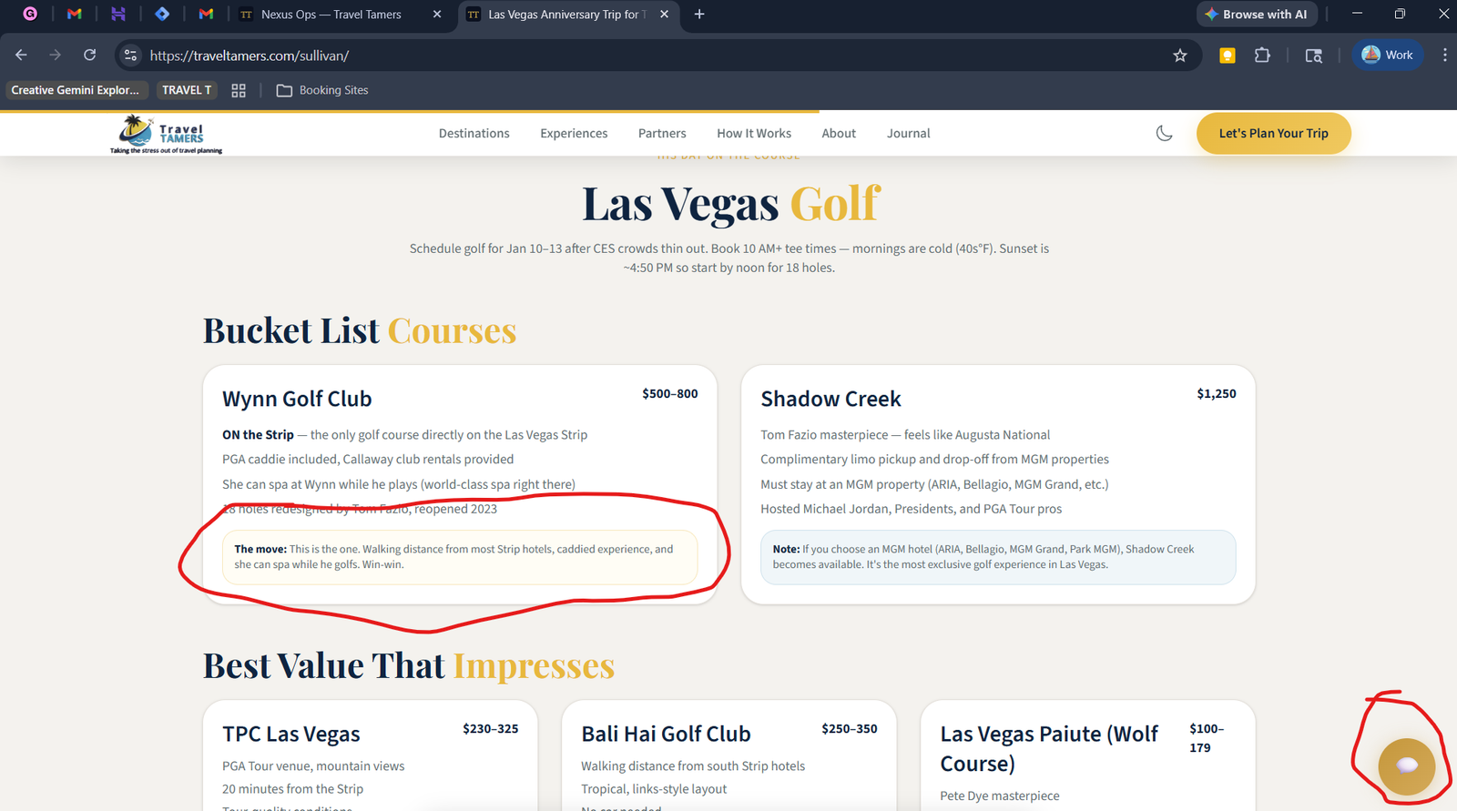 Las Vegas Golf experience page showing course listings with MilesChat FAB visible