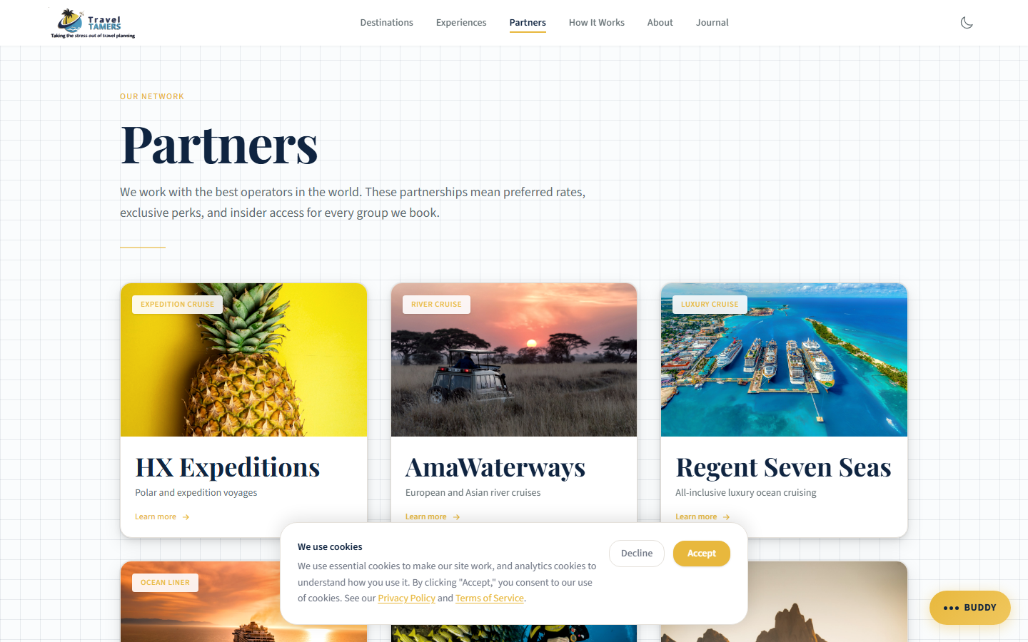 Partners page showing card grid with HX Expeditions AmaWaterways and Regent Seven Seas
